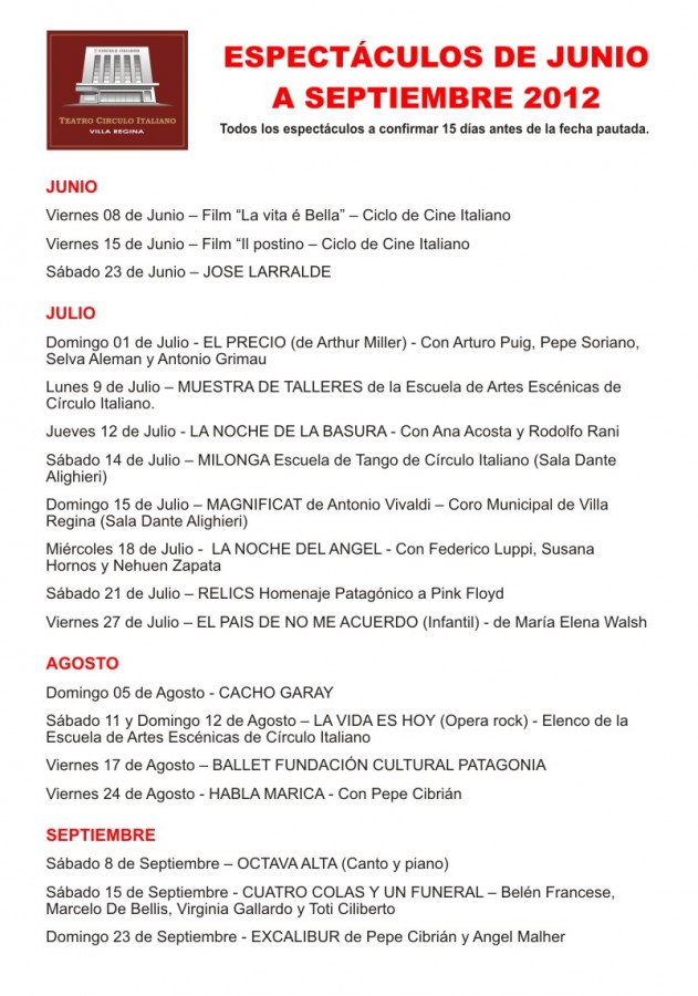 Espectaculos de Junio a Septiembre 2012